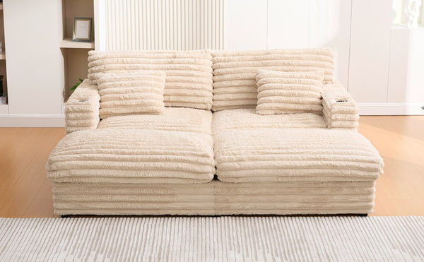 English Elm Oversized Faux Rabbit Fur Double Chaise Daybed with USB Ports and Cup Holders Champagne N719S002490D