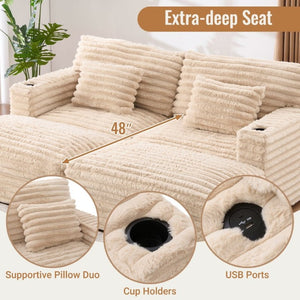 English Elm Oversized Faux Rabbit Fur Double Chaise Daybed with USB Ports and Cup Holders Champagne N719S002490D