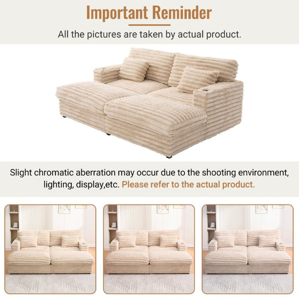 English Elm Oversized Faux Rabbit Fur Double Chaise Daybed with USB Ports and Cup Holders Champagne N719S002490D