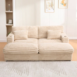 English Elm Oversized Faux Rabbit Fur Double Chaise Daybed with USB Ports and Cup Holders Champagne N719S002490D