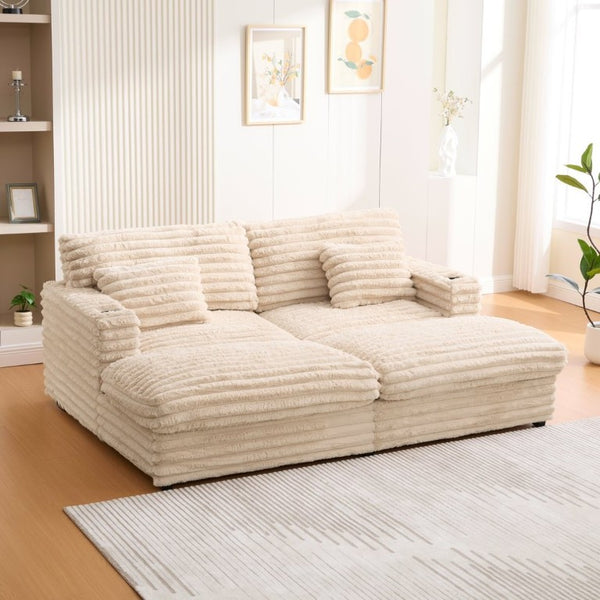 English Elm Oversized Faux Rabbit Fur Double Chaise Daybed with USB Ports and Cup Holders Champagne N719S002490D