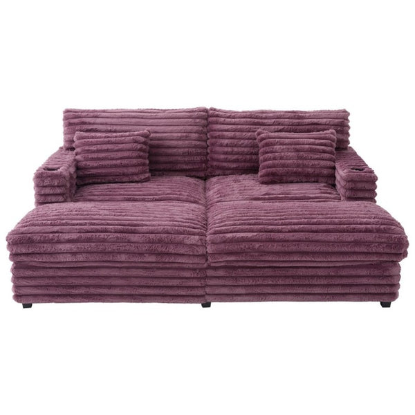 English Elm Oversized Faux Rabbit Fur Double Chaise Daybed with USB Ports and Cup Holders Wine Red N719S002490J