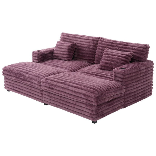 English Elm Oversized Faux Rabbit Fur Double Chaise Daybed with USB Ports and Cup Holders Wine Red N719S002490J