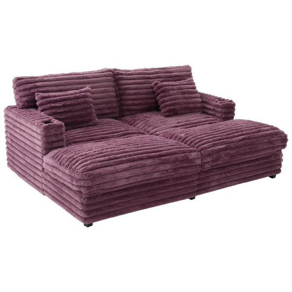 English Elm Oversized Faux Rabbit Fur Double Chaise Daybed with USB Ports and Cup Holders Wine Red N719S002490J