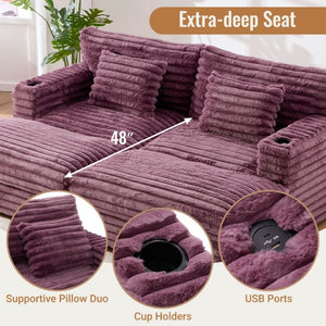 English Elm Oversized Faux Rabbit Fur Double Chaise Daybed with USB Ports and Cup Holders Wine Red N719S002490J
