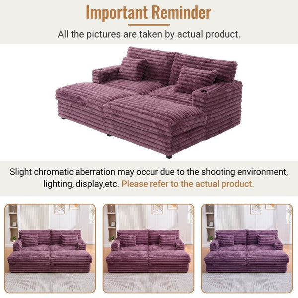 English Elm Oversized Faux Rabbit Fur Double Chaise Daybed with USB Ports and Cup Holders Wine Red N719S002490J