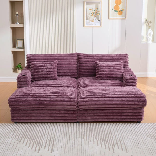 English Elm Oversized Faux Rabbit Fur Double Chaise Daybed with USB Ports and Cup Holders Wine Red N719S002490J