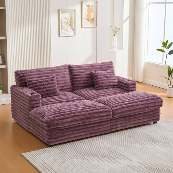 English Elm Oversized Faux Rabbit Fur Double Chaise Daybed with USB Ports and Cup Holders Wine Red N719S002490J