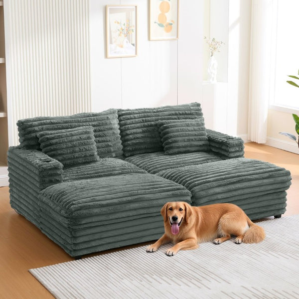 English Elm Oversized Faux Rabbit Fur Double Chaise Daybed with USB Ports and Cup Holders Sage Green N719S002490R