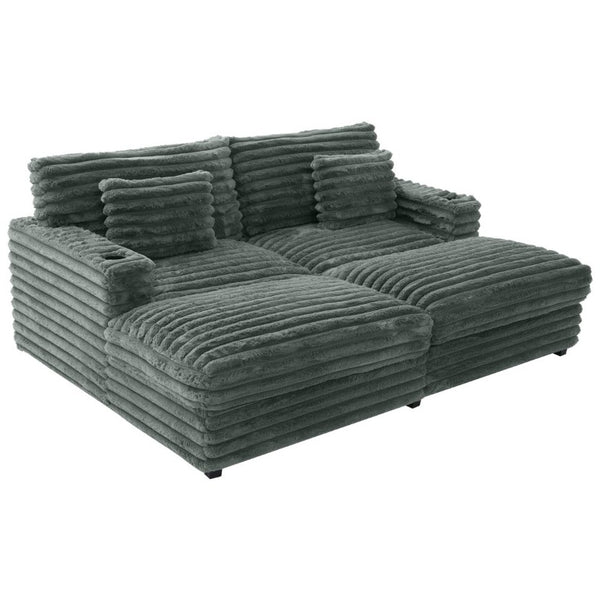 English Elm Oversized Faux Rabbit Fur Double Chaise Daybed with USB Ports and Cup Holders Sage Green N719S002490R