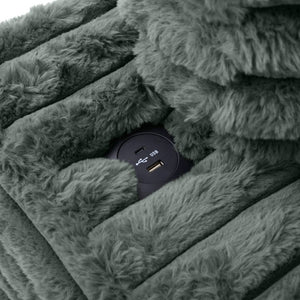 English Elm Oversized Faux Rabbit Fur Double Chaise Daybed with USB Ports and Cup Holders Sage Green N719S002490R