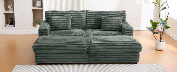 English Elm Oversized Faux Rabbit Fur Double Chaise Daybed with USB Ports and Cup Holders Sage Green N719S002490R