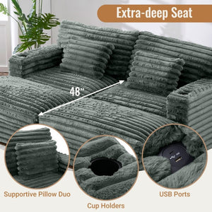 English Elm Oversized Faux Rabbit Fur Double Chaise Daybed with USB Ports and Cup Holders Sage Green N719S002490R