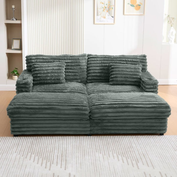 English Elm Oversized Faux Rabbit Fur Double Chaise Daybed with USB Ports and Cup Holders Sage Green N719S002490R