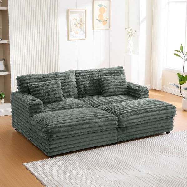 English Elm Oversized Faux Rabbit Fur Double Chaise Daybed with USB Ports and Cup Holders Sage Green N719S002490R