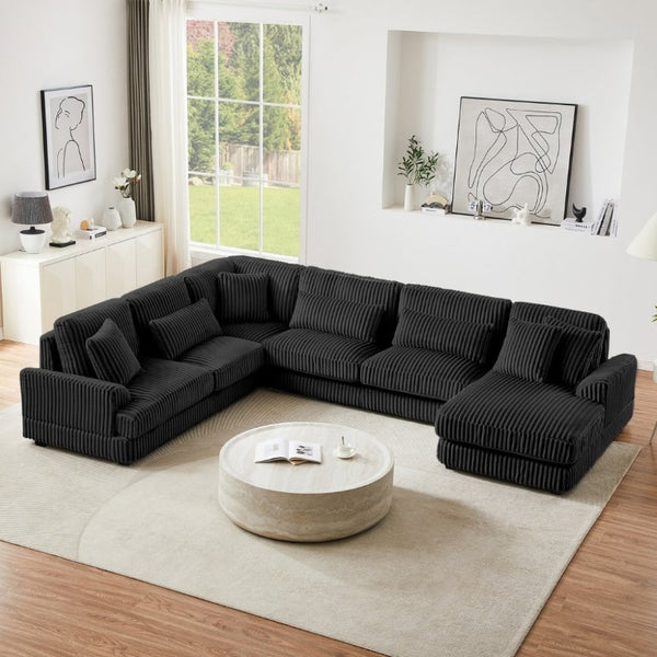 English Elm 128.35 Oversized U-Shaped Sectional Sofa Corduroy Upholstered with Chaise for Living Room Black N719S002510B