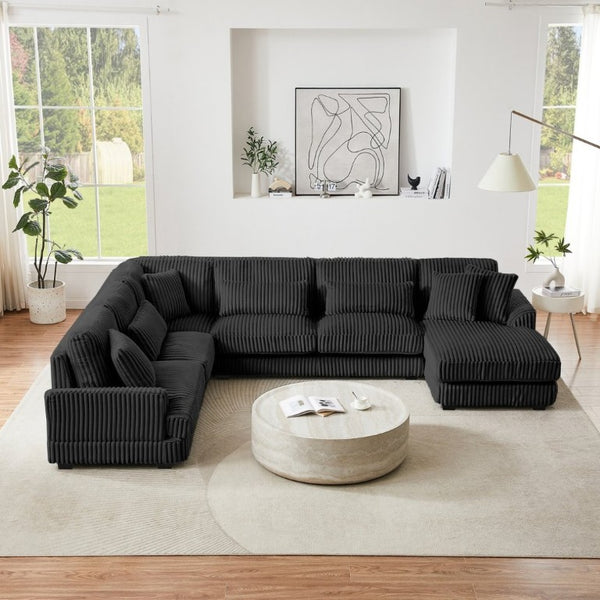 English Elm 128.35 Oversized U-Shaped Sectional Sofa Corduroy Upholstered with Chaise for Living Room Black N719S002510B