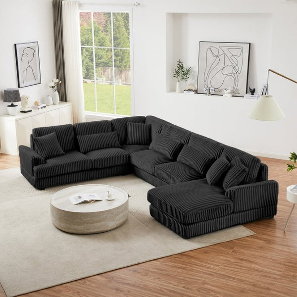 English Elm 128.35 Oversized U-Shaped Sectional Sofa Corduroy Upholstered with Chaise for Living Room Black N719S002510B