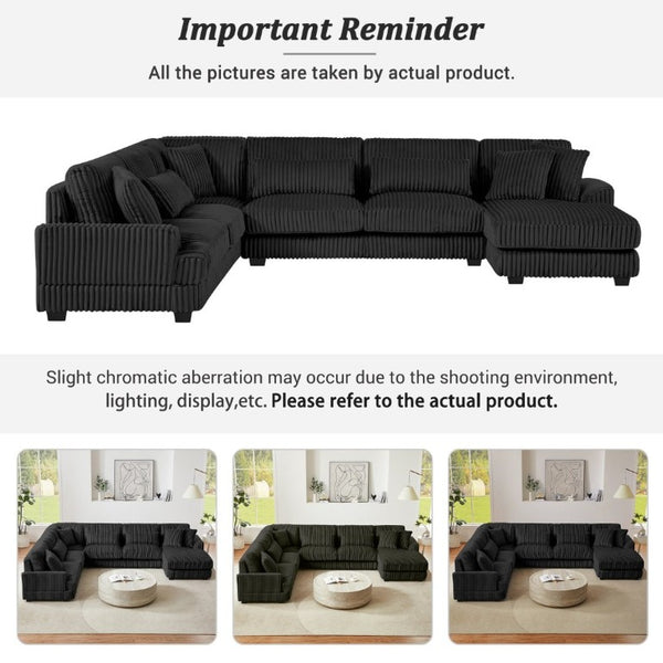 English Elm 128.35 Oversized U-Shaped Sectional Sofa Corduroy Upholstered with Chaise for Living Room Black N719S002510B