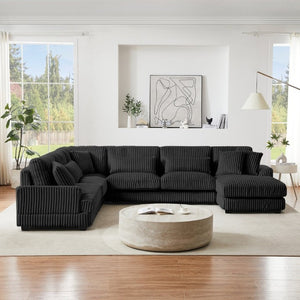 English Elm 128.35 Oversized U-Shaped Sectional Sofa Corduroy Upholstered with Chaise for Living Room Black N719S002510B