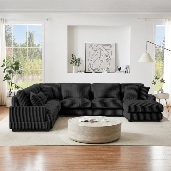 English Elm 128.35 Oversized U-Shaped Sectional Sofa Corduroy Upholstered with Chaise for Living Room Black N719S002510B