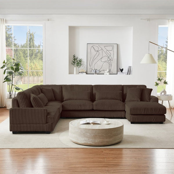 English Elm 128.35 Inch U-Shaped Sectional Sofa Corduroy Upholstered with Chaise for Living Room N719S002510D