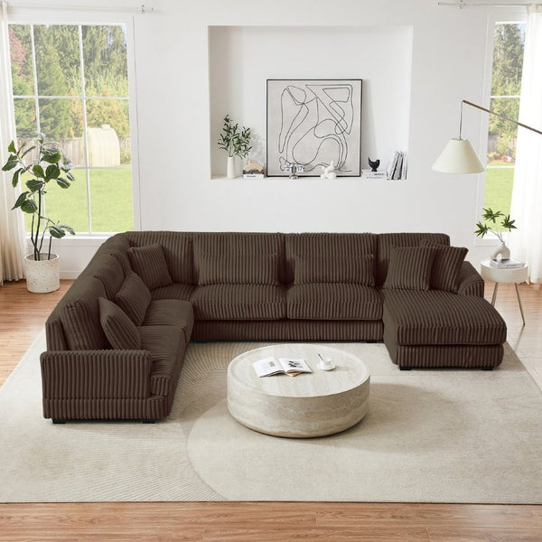 English Elm 128.35 Inch U-Shaped Sectional Sofa Corduroy Upholstered with Chaise for Living Room N719S002510D