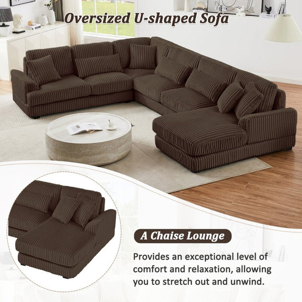 English Elm 128.35 Inch U-Shaped Sectional Sofa Corduroy Upholstered with Chaise for Living Room N719S002510D