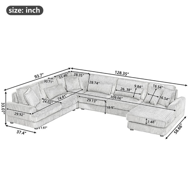 English Elm 128.35 Oversized U-Shaped Sectional Sofa Corduroy Upholstered with Chaise for Living Room Dark Gray N719S002510R