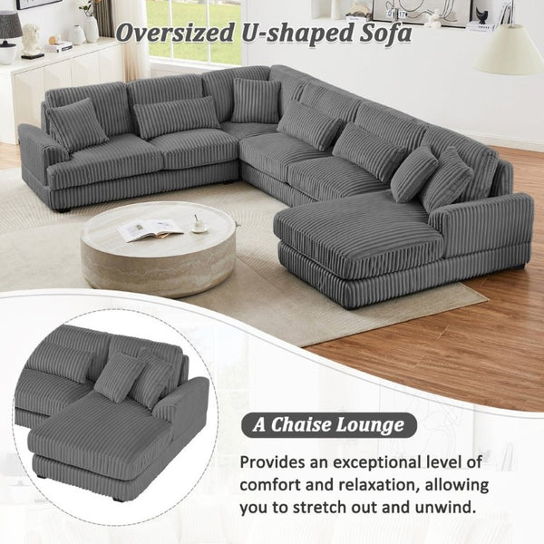 English Elm 128.35 Oversized U-Shaped Sectional Sofa Corduroy Upholstered with Chaise for Living Room Dark Gray N719S002510R