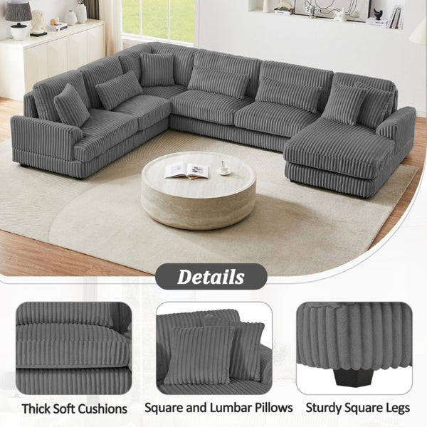 English Elm 128.35 Oversized U-Shaped Sectional Sofa Corduroy Upholstered with Chaise for Living Room Dark Gray N719S002510R