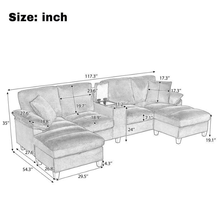 English Elm Modern U-Shaped Corduroy Sectional Sofa with Ottoman Storage and USB Charging Ports Brown N719S002590D