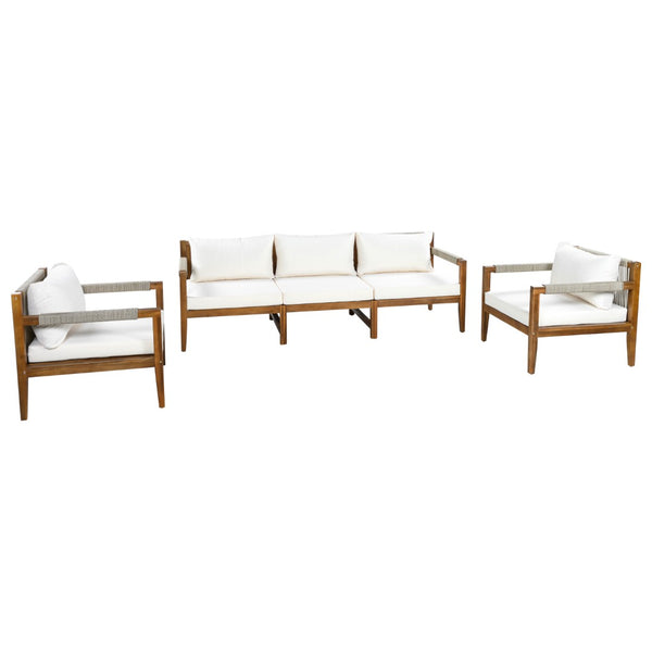 English Elm 3 Piece Outdoor Acacia Wood Rope Woven Conversation Set with Deep Lounge Seating N719Z000240A
