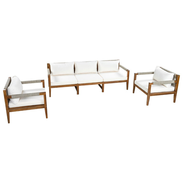 English Elm 3 Piece Outdoor Acacia Wood Rope Woven Conversation Set with Deep Lounge Seating N719Z000240A