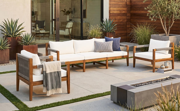 English Elm 3 Piece Outdoor Acacia Wood Rope Woven Conversation Set with Deep Lounge Seating N719Z000240A