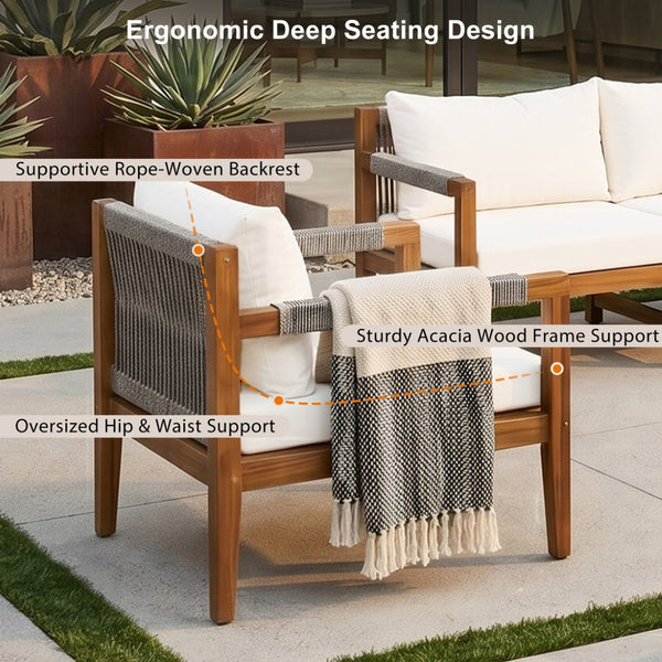 English Elm 3 Piece Outdoor Acacia Wood Rope Woven Conversation Set with Deep Lounge Seating N719Z000240A