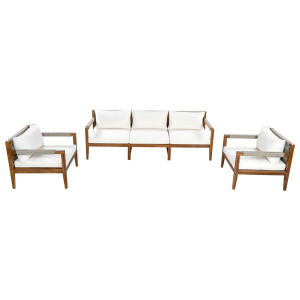 English Elm 3 Piece Outdoor Acacia Wood Rope Woven Conversation Set with Deep Lounge Seating N719Z000240A