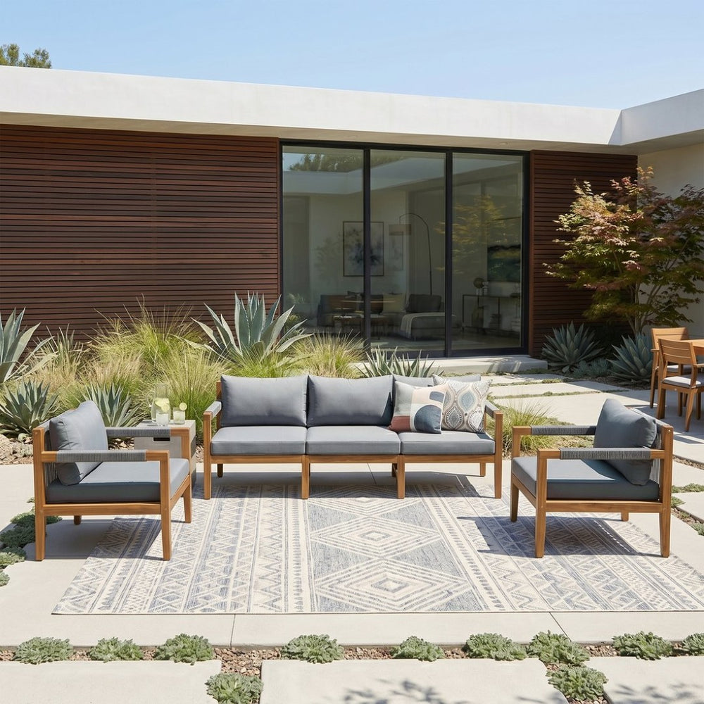 English Elm 3 Piece Outdoor Rope Woven Acacia Wood Patio Set with Deep Seats for Deck or Poolside N719Z000240E
