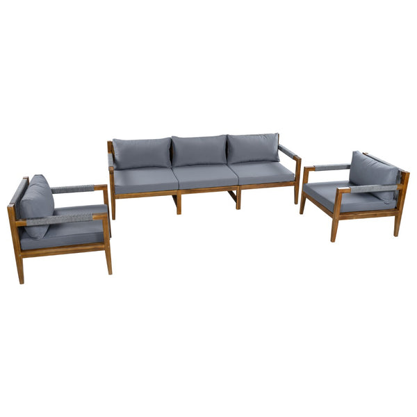 English Elm 3 Piece Outdoor Rope Woven Acacia Wood Patio Set with Deep Seats for Deck or Poolside N719Z000240E