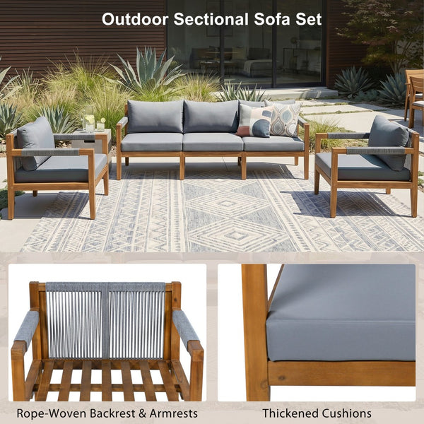 English Elm 3 Piece Outdoor Rope Woven Acacia Wood Patio Set with Deep Seats for Deck or Poolside N719Z000240E