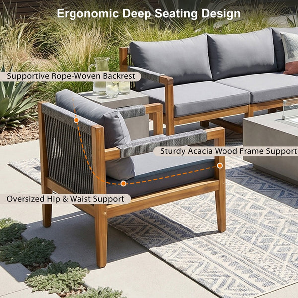 English Elm 3 Piece Outdoor Rope Woven Acacia Wood Patio Set with Deep Seats for Deck or Poolside N719Z000240E