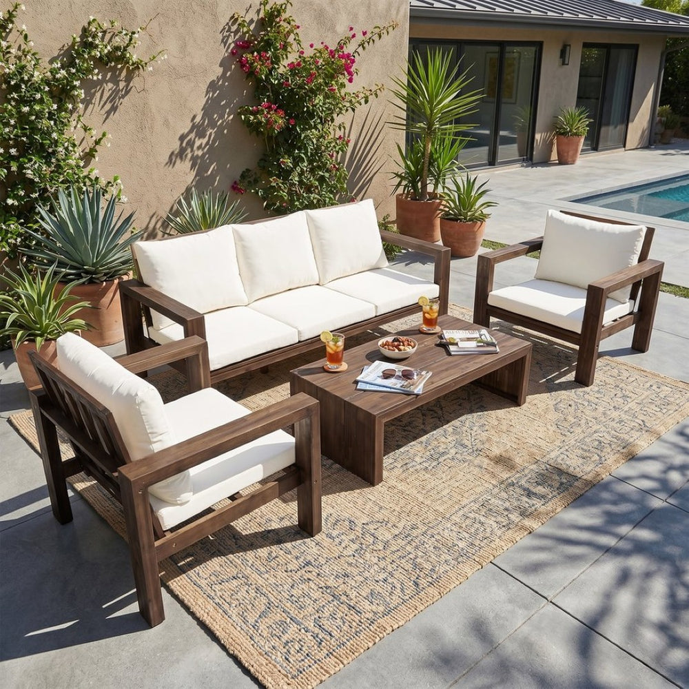English Elm 4 Piece Acacia Wood Outdoor Conversation Set with Sofa Armchairs and Coffee Table Mocha + Beige Cushion N719Z000250D