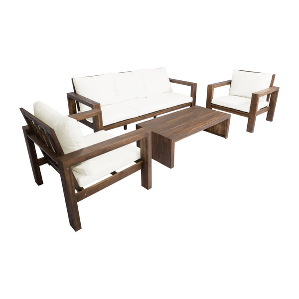 English Elm 4 Piece Acacia Wood Outdoor Conversation Set with Sofa Armchairs and Coffee Table Mocha + Beige Cushion N719Z000250D