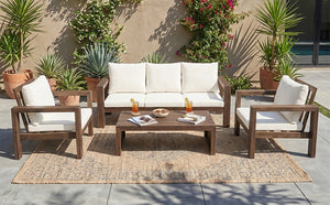 English Elm 4 Piece Acacia Wood Outdoor Conversation Set with Sofa Armchairs and Coffee Table Mocha + Beige Cushion N719Z000250D