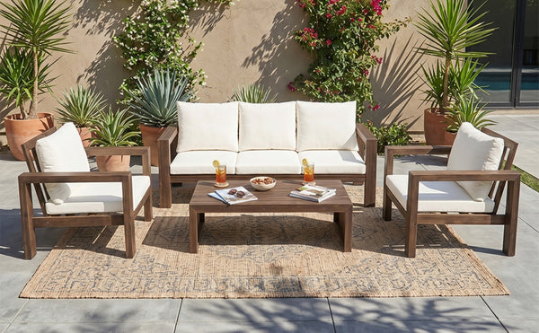 English Elm 4 Piece Acacia Wood Outdoor Conversation Set with Sofa Armchairs and Coffee Table Mocha + Beige Cushion N719Z000250D