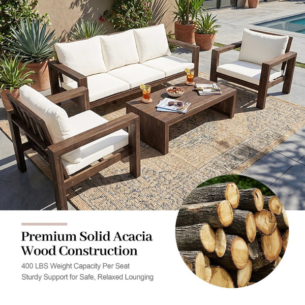 English Elm 4 Piece Acacia Wood Outdoor Conversation Set with Sofa Armchairs and Coffee Table Mocha + Beige Cushion N719Z000250D