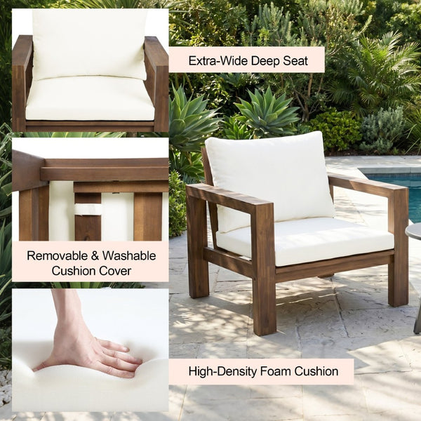 English Elm 4 Piece Acacia Wood Outdoor Conversation Set with Sofa Armchairs and Coffee Table Mocha + Beige Cushion N719Z000250D