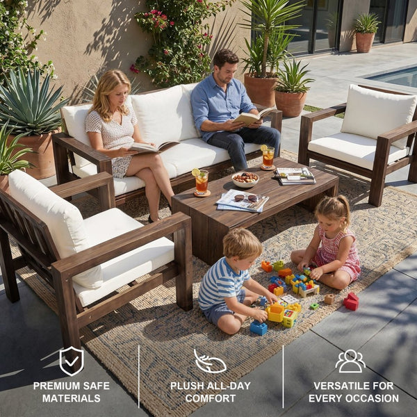 English Elm 4 Piece Acacia Wood Outdoor Conversation Set with Sofa Armchairs and Coffee Table Mocha + Beige Cushion N719Z000250D