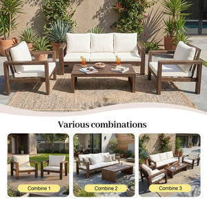English Elm 4 Piece Acacia Wood Outdoor Conversation Set with Sofa Armchairs and Coffee Table Mocha + Beige Cushion N719Z000250D