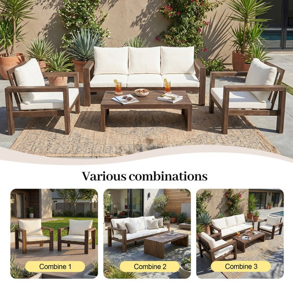 English Elm 4 Piece Acacia Wood Outdoor Conversation Set with Sofa Armchairs and Coffee Table Mocha + Beige Cushion N719Z000250D